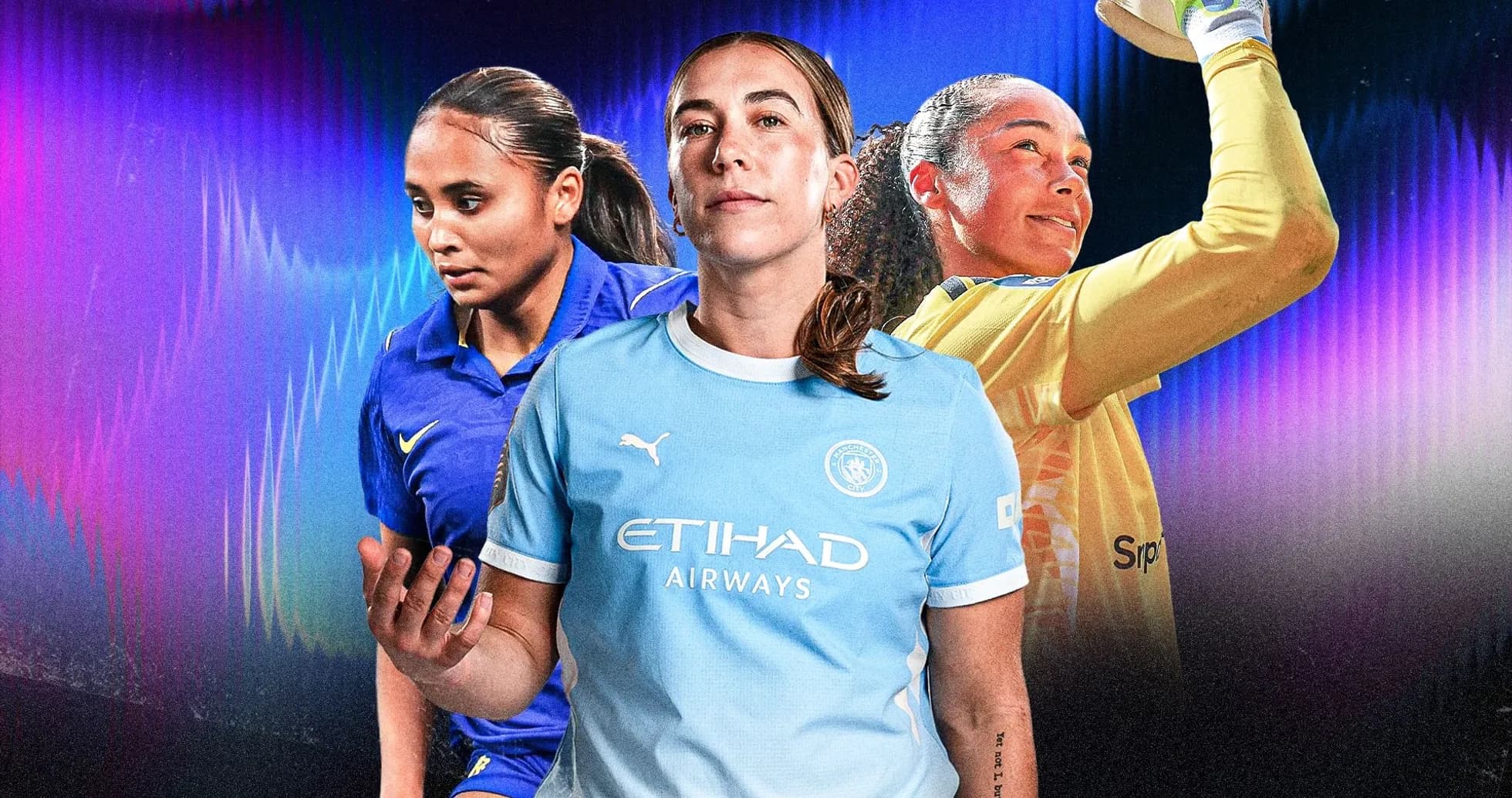 Three female soccer players in team jerseys Three female soccer players in team jerseys