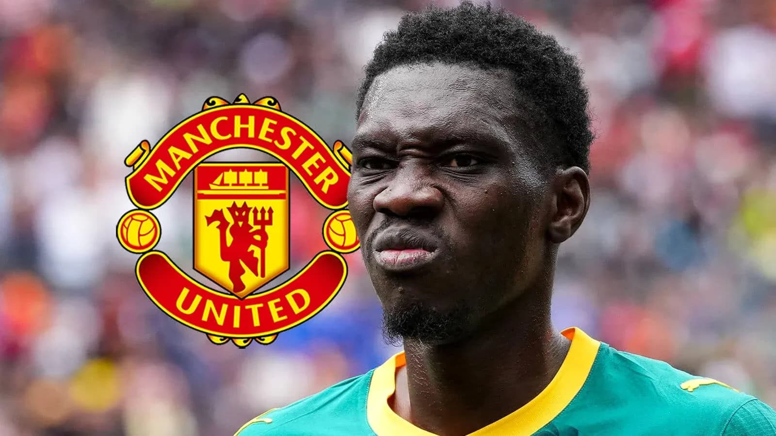 Player in green jersey with Manchester United logo background Player in green jersey with Manchester United logo background