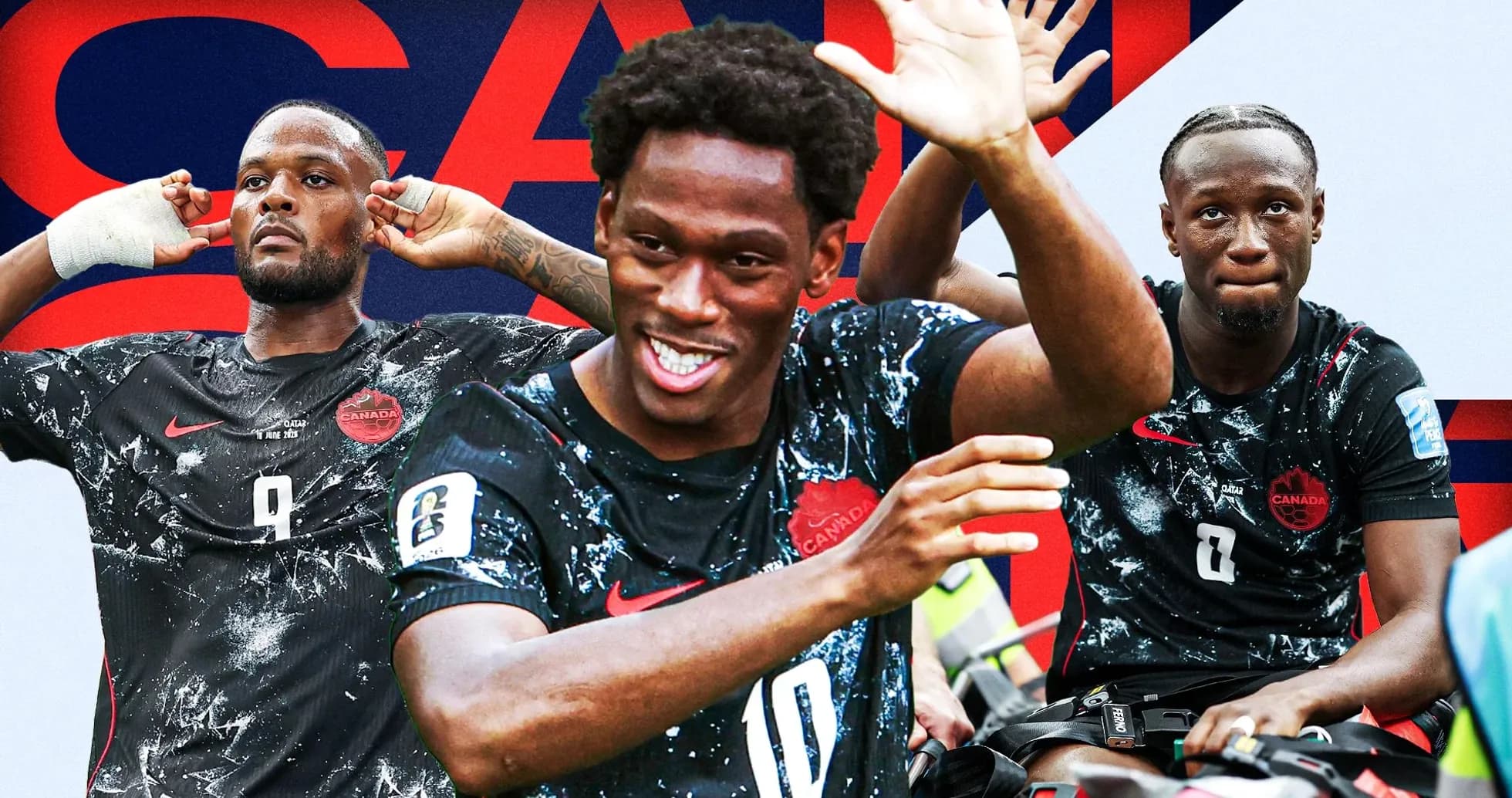 Three Canadian soccer players celebrating together Three Canadian soccer players celebrating together