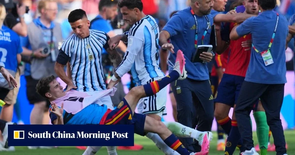 Players from Argentina and Spain in heated confrontation Players from Argentina and Spain in heated confrontation