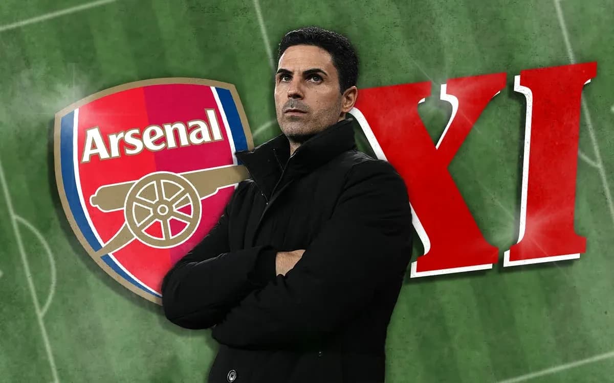 Mikel Arteta in front of Arsenal logo and XI Mikel Arteta in front of Arsenal logo and XI