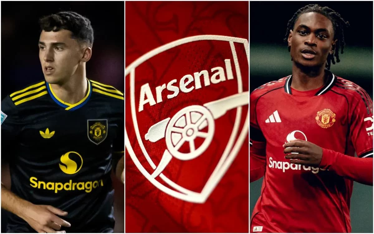 Players from Arsenal and Manchester United with club logos Players from Arsenal and Manchester United with club logos