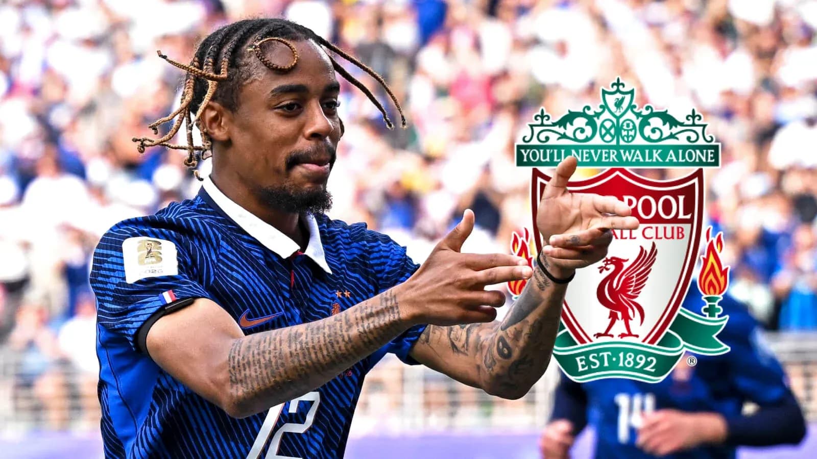 Player celebrating with Liverpool logo in background Player celebrating with Liverpool logo in background