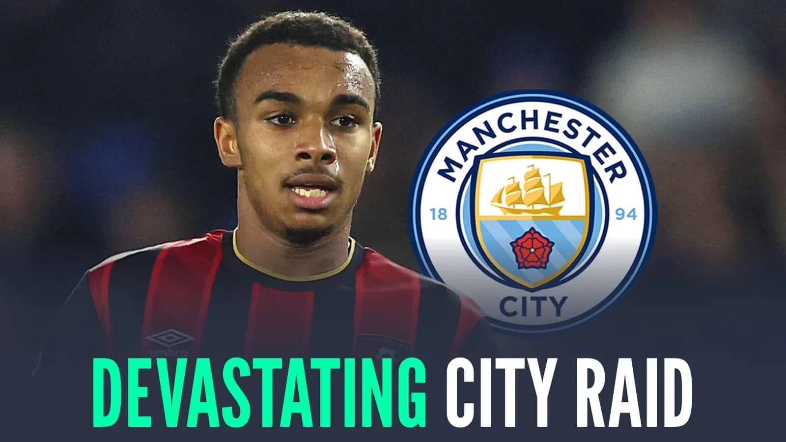 Player in black and red kit with Manchester City logo Player in black and red kit with Manchester City logo