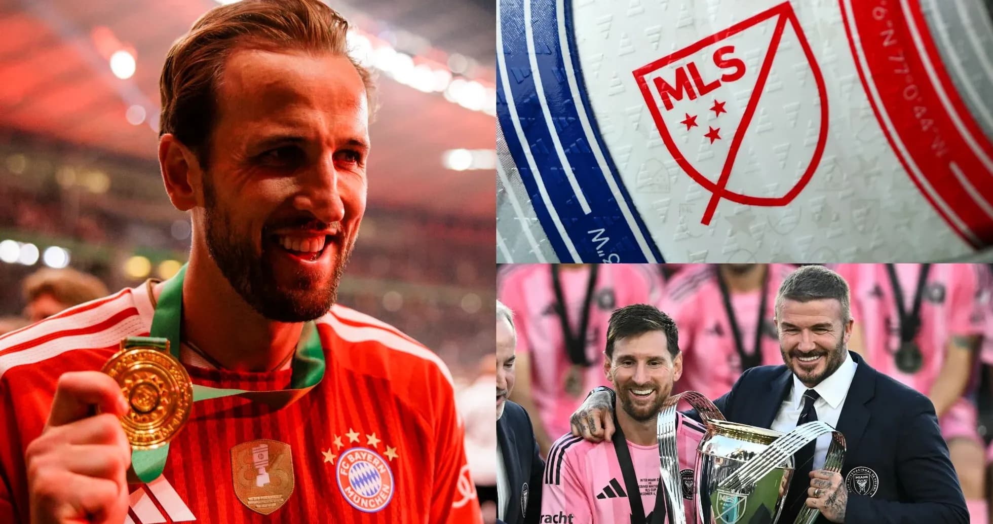 Harry Kane celebrating, MLS logo, Messi and Beckham with trophy Harry Kane celebrating, MLS logo, Messi and Beckham with trophy
