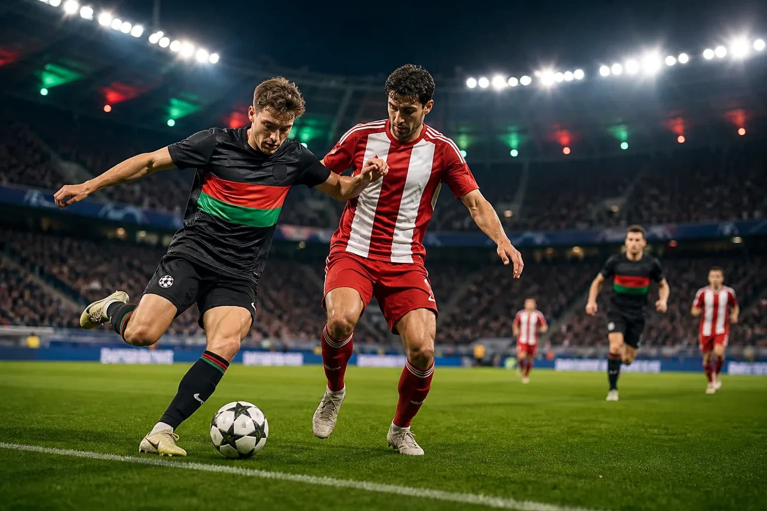 Players competing for the ball in UEFA match Players competing for the ball in UEFA match