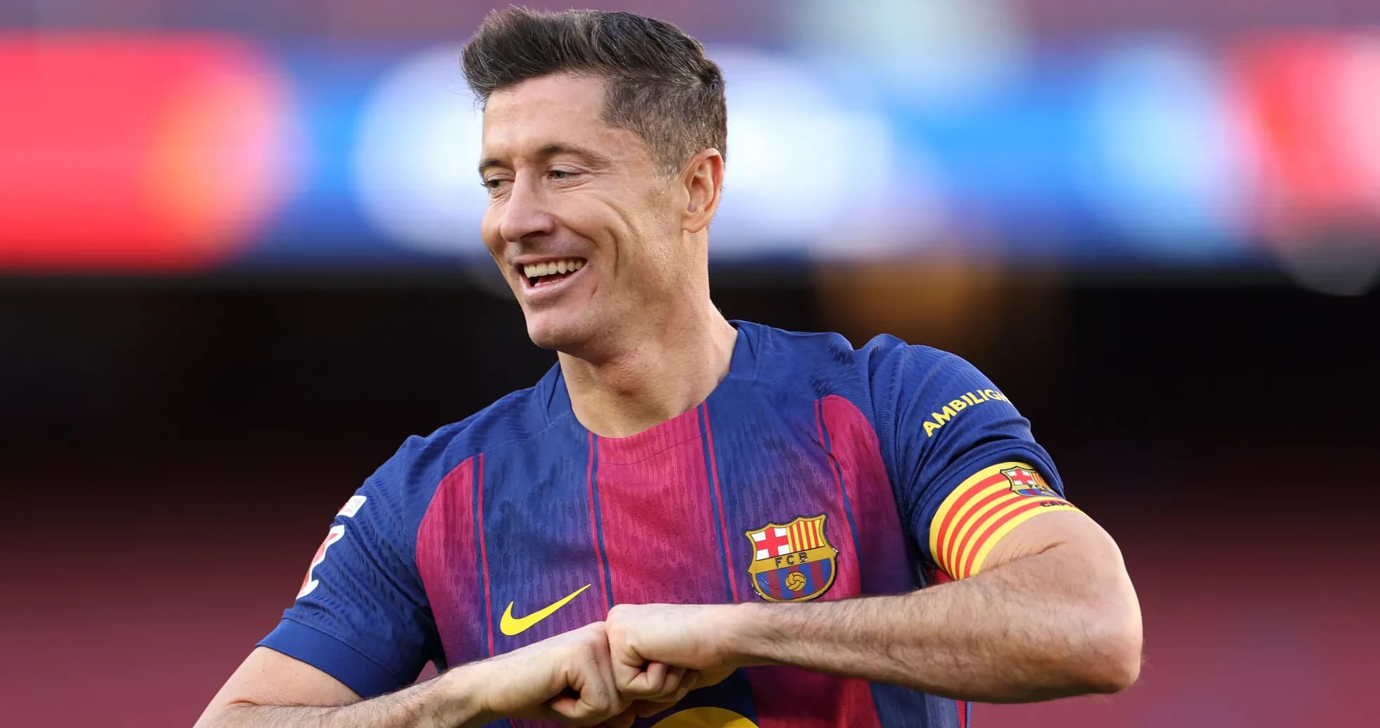 Player in Barcelona kit smiling during warm-up Player in Barcelona kit smiling during warm-up