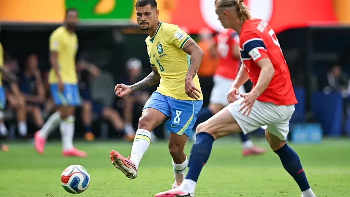 Brazilian player dribbling past opponent in match Brazilian player dribbling past opponent in match