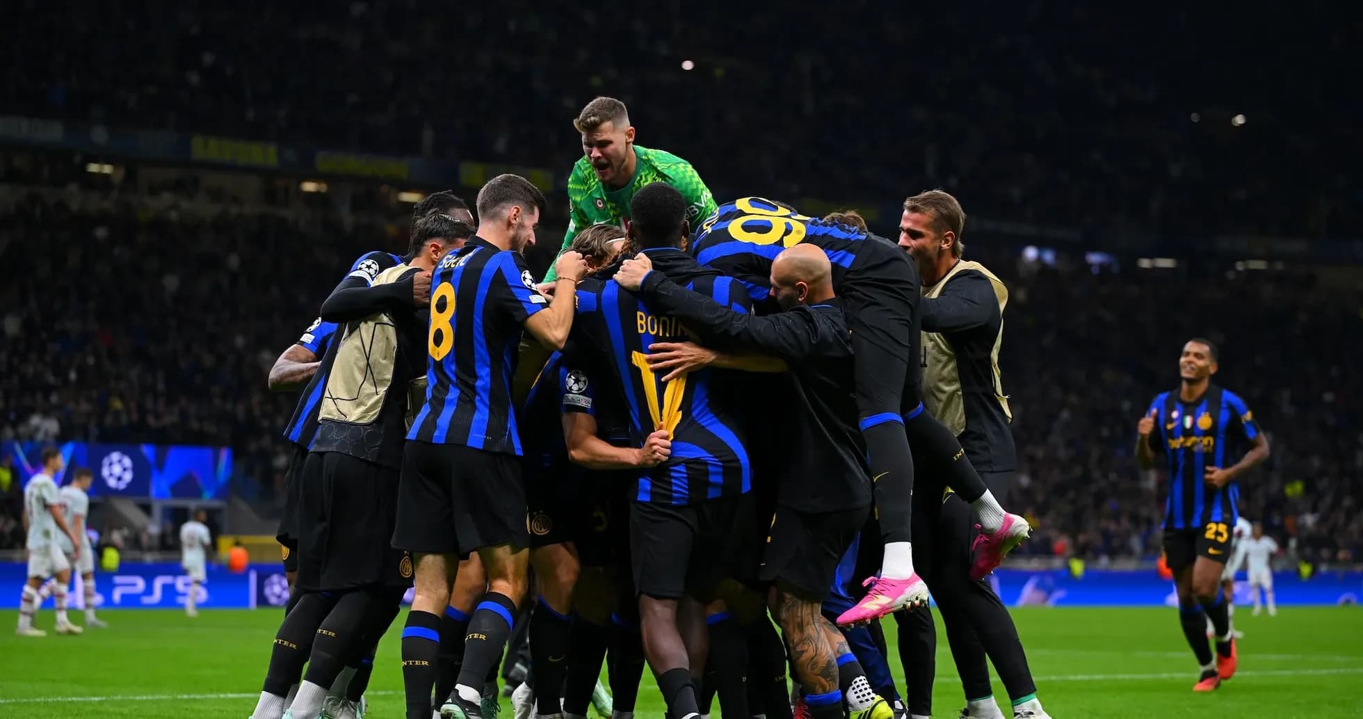 Inter players celebrating a goal in Champions League Inter players celebrating a goal in Champions League