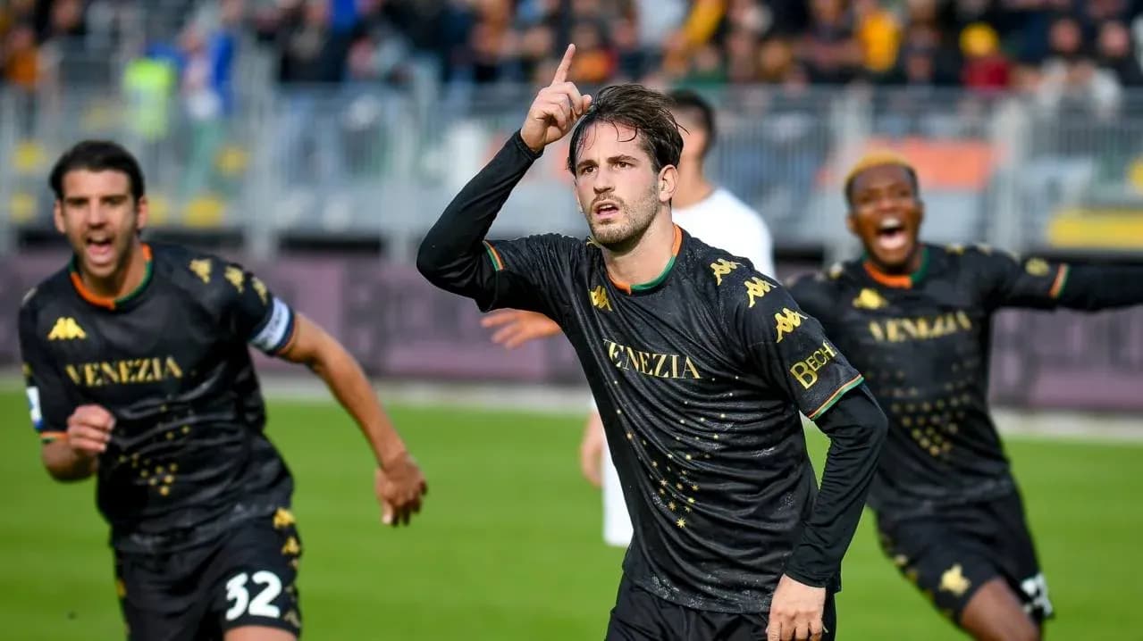 Venezia players celebrating a goal during match Venezia players celebrating a goal during match