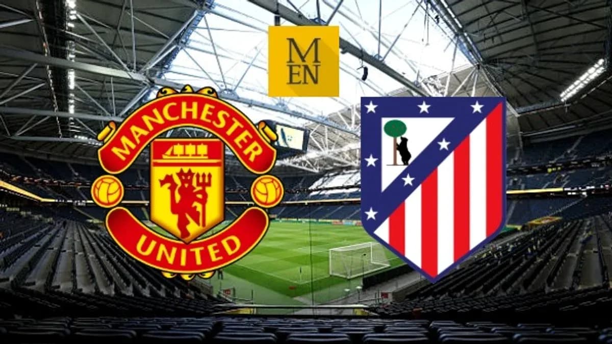 Manchester United and Atletico Madrid logos in stadium Manchester United and Atletico Madrid logos in stadium