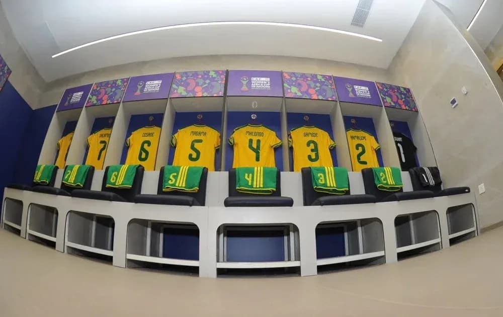 Locker room with jerseys for players hanging Locker room with jerseys for players hanging