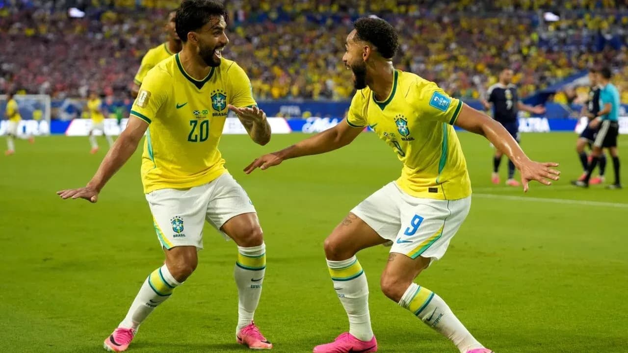 Brazilian players celebrating a goal during match Brazilian players celebrating a goal during match