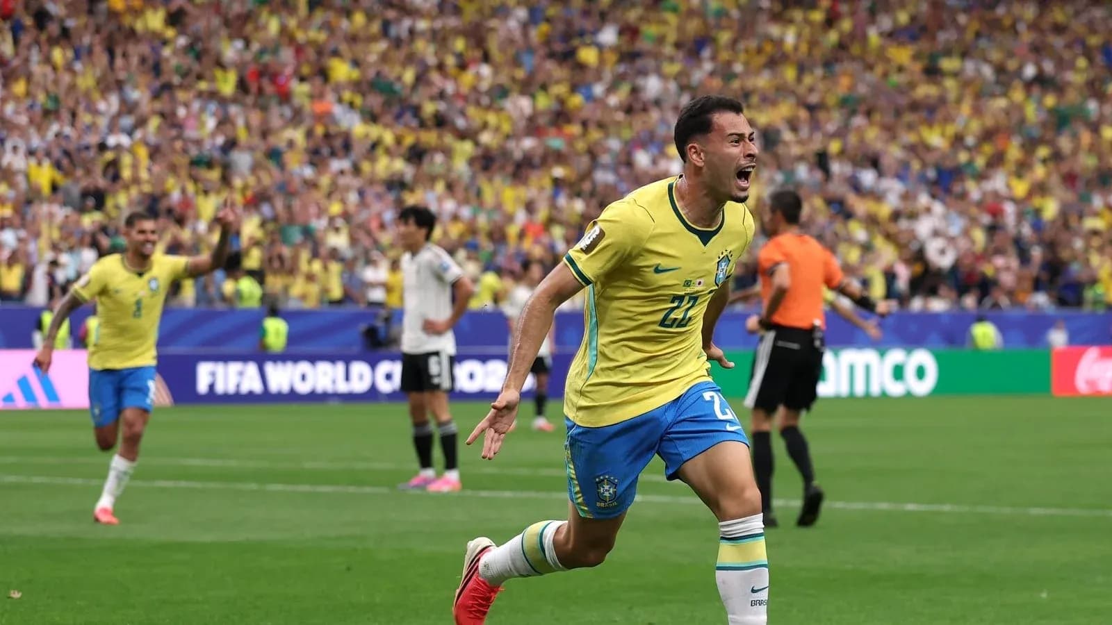 Brazilian player celebrating a goal during match Brazilian player celebrating a goal during match