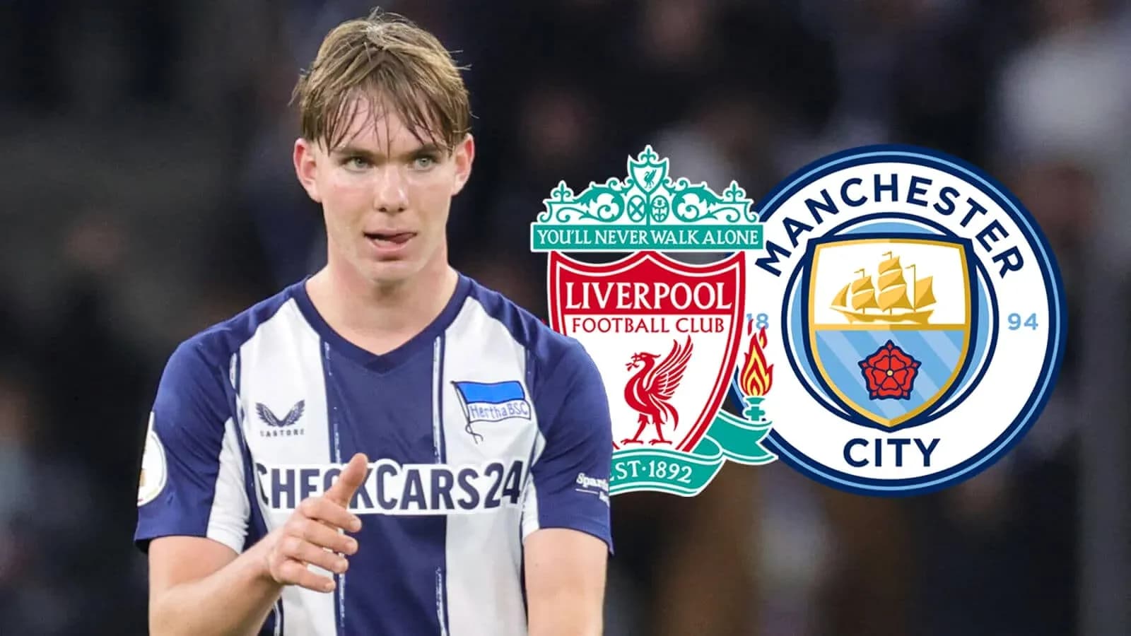 Player gesturing during match with Liverpool and Manchester City logos Player gesturing during match with Liverpool and Manchester City logos