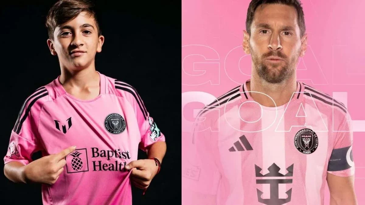 Young player and Messi in pink Miami jerseys Young player and Messi in pink Miami jerseys