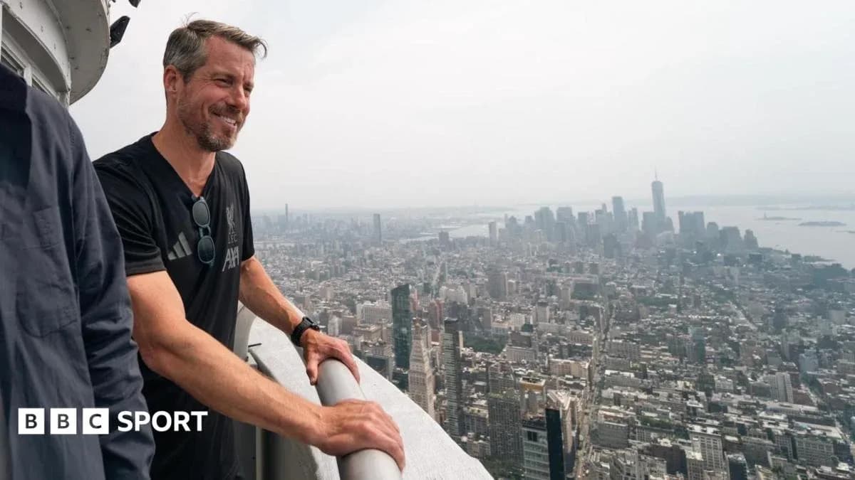 Person overlooking city skyline from tall building Person overlooking city skyline from tall building
