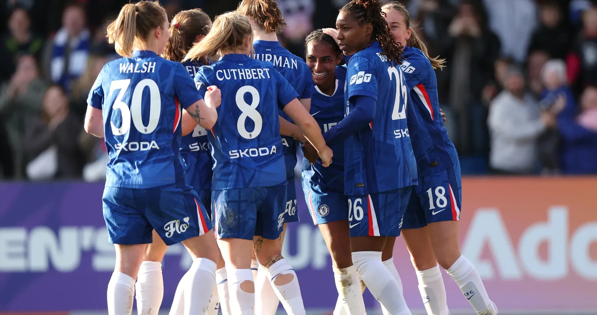 Chelsea Women's team celebrating a goal Chelsea Women's team celebrating a goal