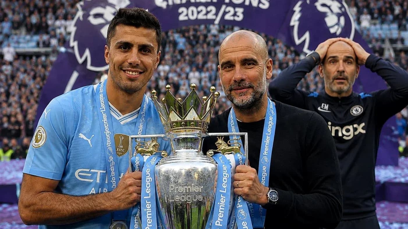 Player and manager celebrating Premier League victory Player and manager celebrating Premier League victory