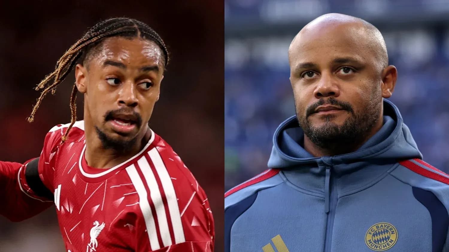 Football player in Liverpool kit and coach in Bayern Munich hoodie Football player in Liverpool kit and coach in Bayern Munich hoodie