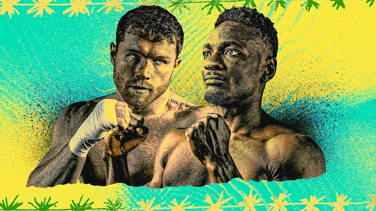 Two boxers posing with fists raised against colorful background Two boxers posing with fists raised against colorful background