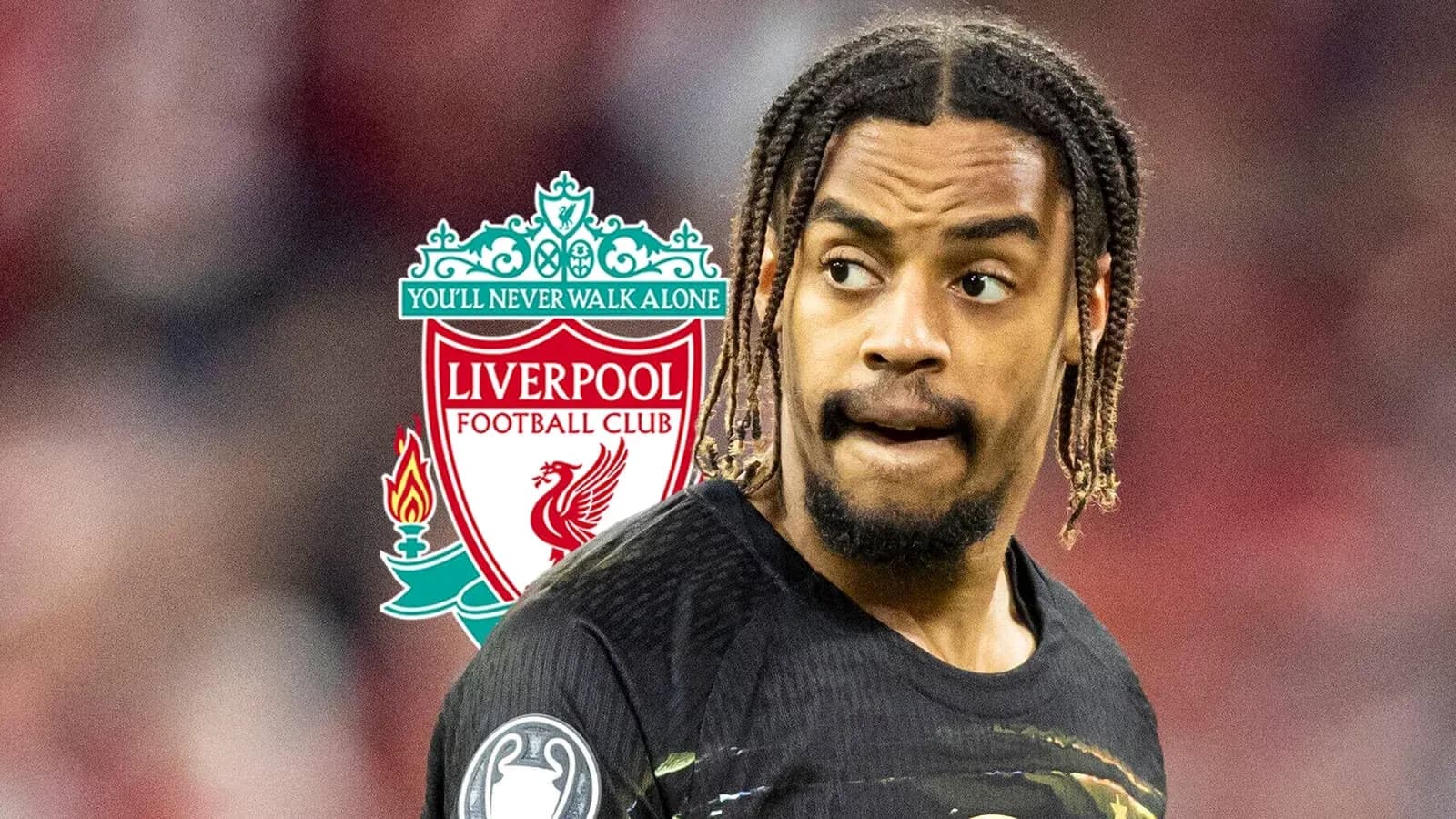 Player in Liverpool jersey with club logo background Player in Liverpool jersey with club logo background