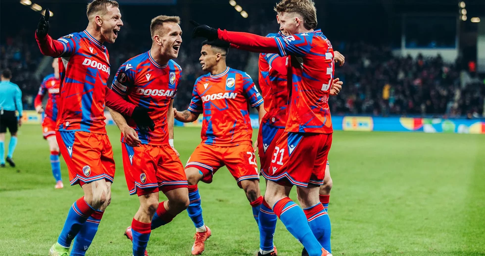 Plzen players celebrating a goal during match Plzen players celebrating a goal during match