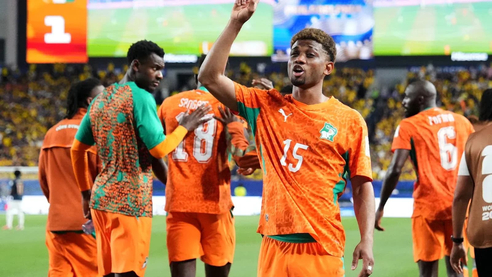 Ivory Coast players celebrating a goal Ivory Coast players celebrating a goal