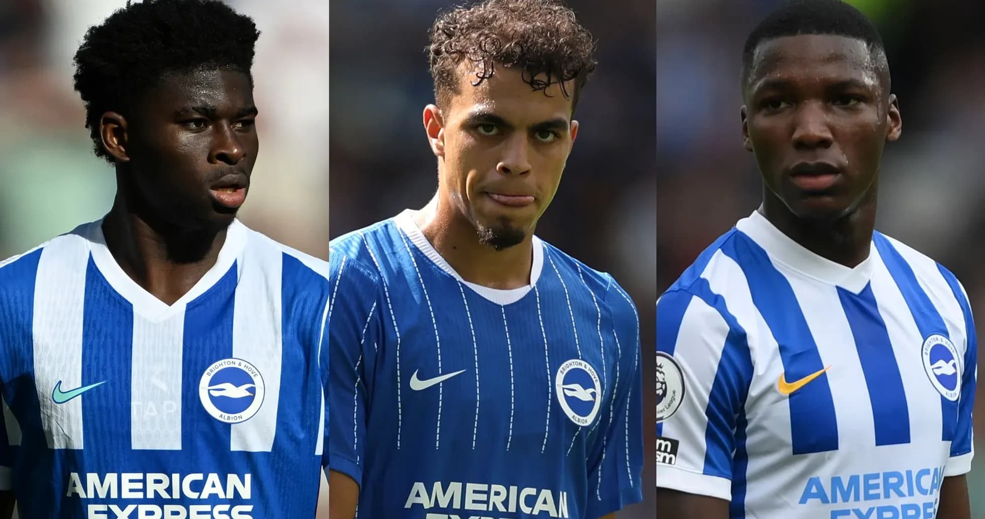 Three Brighton players in blue jerseys on field Three Brighton players in blue jerseys on field