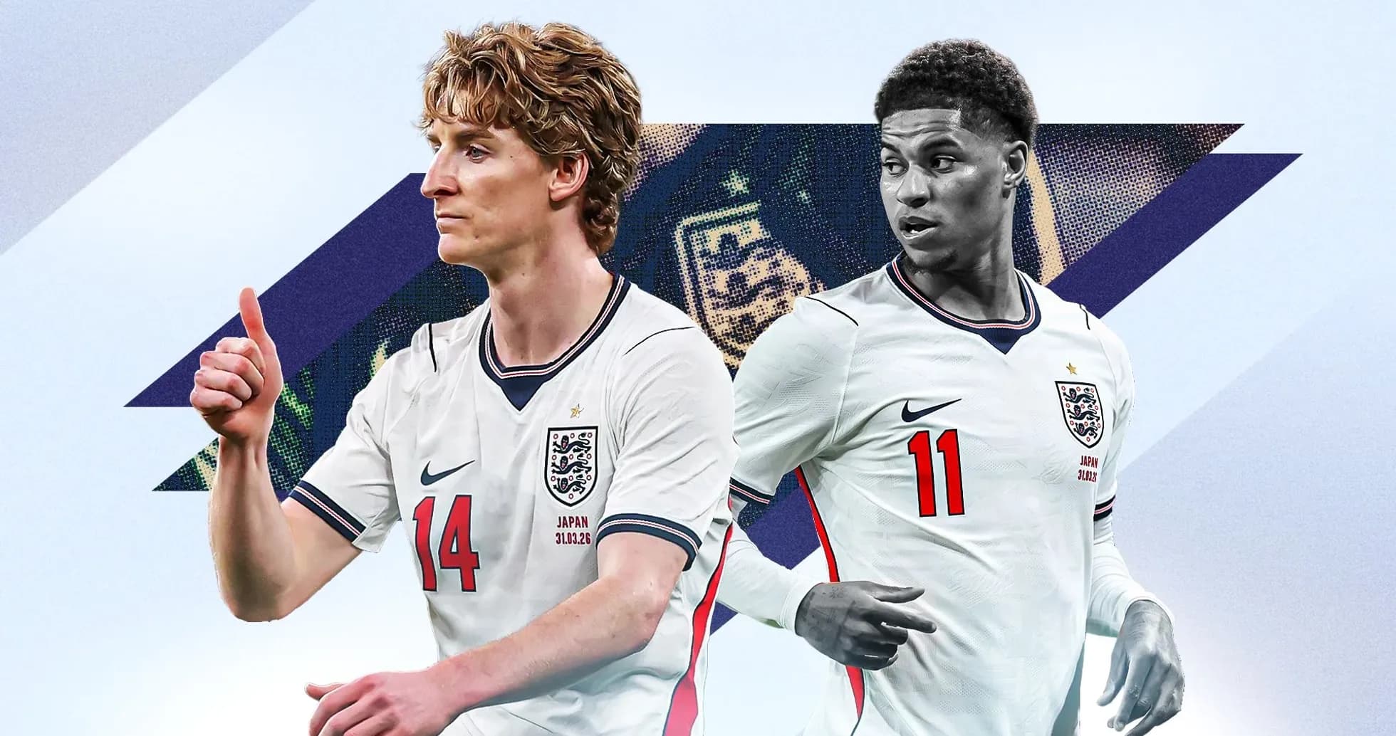 Two England players posing in national team jerseys Two England players posing in national team jerseys