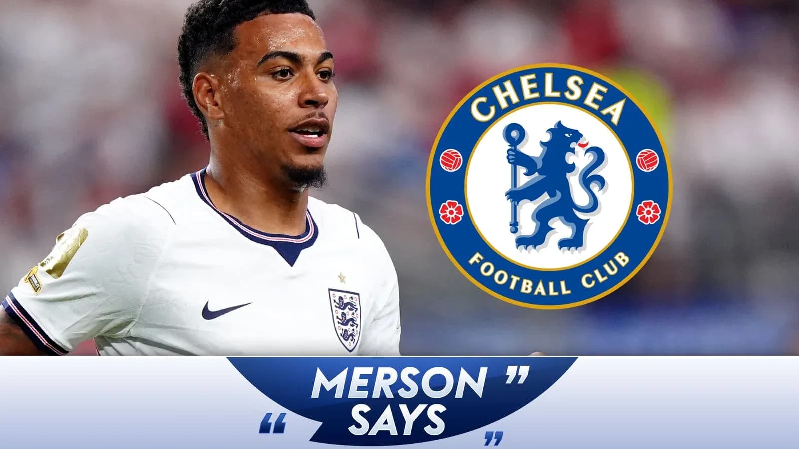 Player in England jersey with Chelsea logo overlay Player in England jersey with Chelsea logo overlay