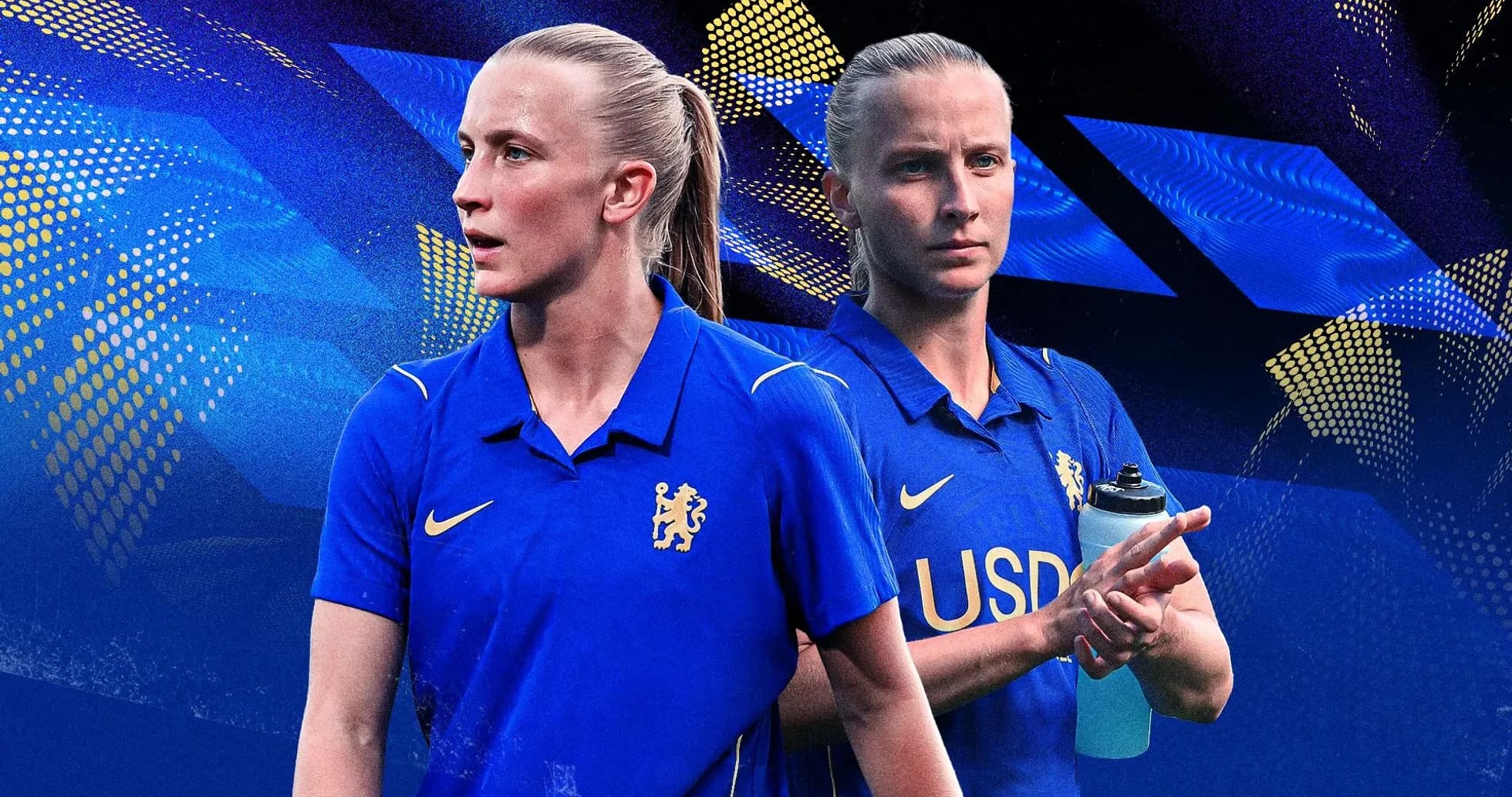 Female player in blue kit with water bottle Female player in blue kit with water bottle