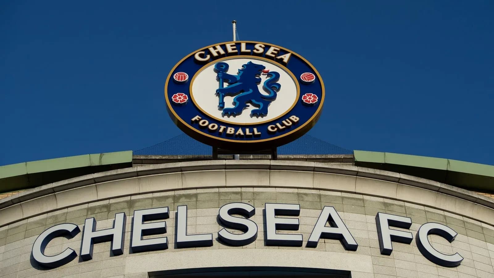 Chelsea FC logo displayed on stadium exterior Chelsea FC logo displayed on stadium exterior