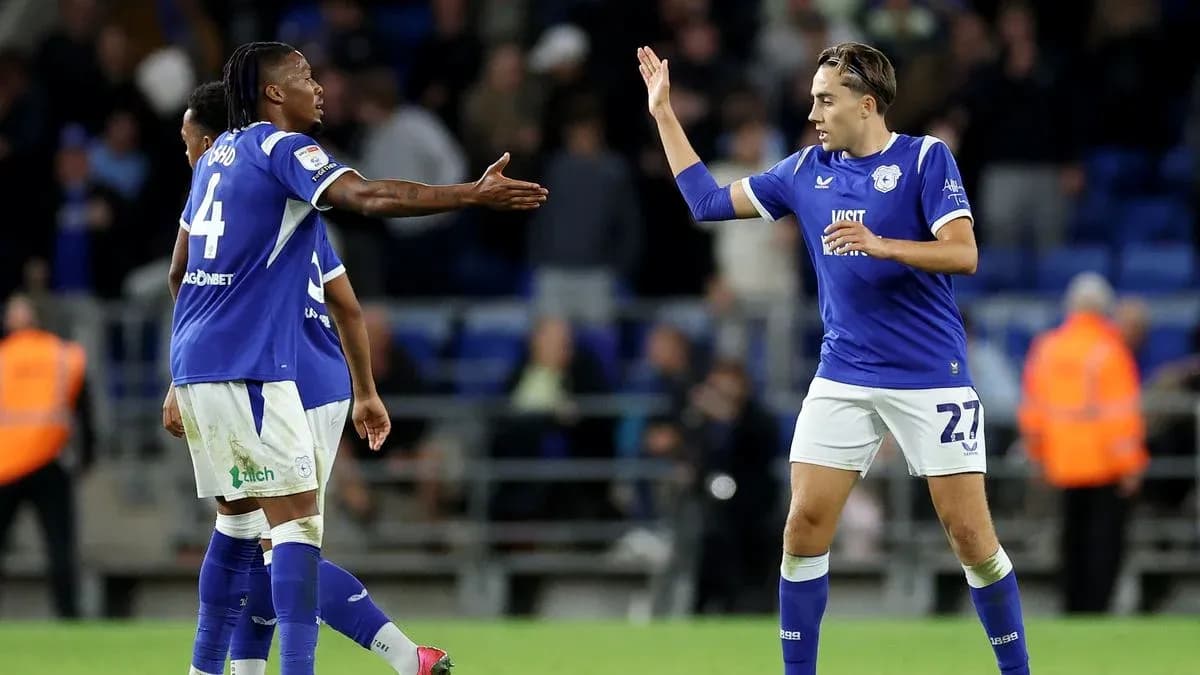 Cardiff City players celebrating after a match Cardiff City players celebrating after a match