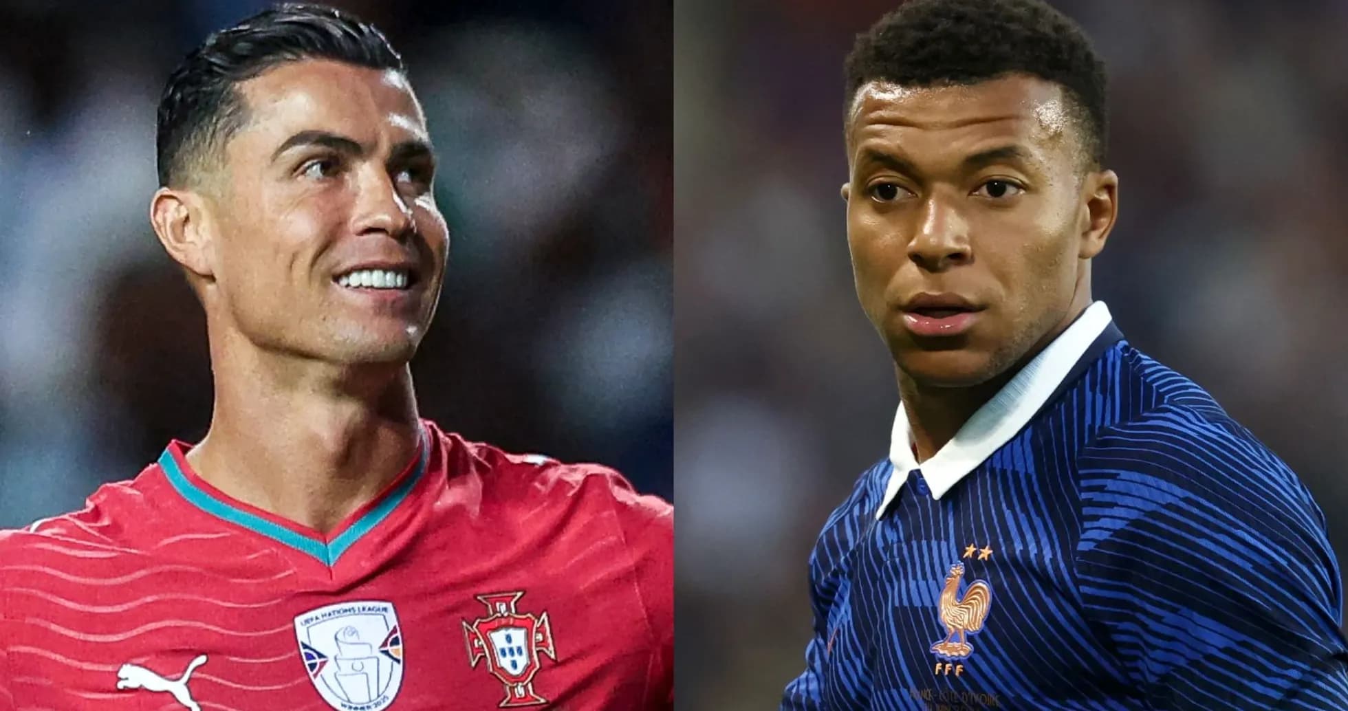 Cristiano Ronaldo and Kylian Mbappé in team jerseys Cristiano Ronaldo and Kylian Mbappé in team jerseys