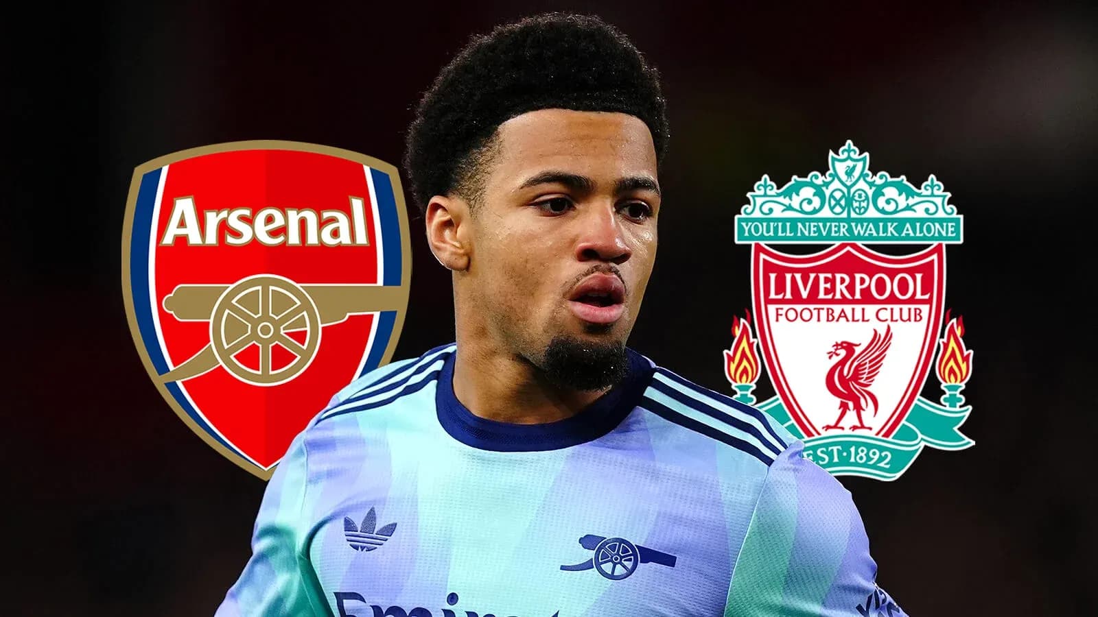 Player in Arsenal kit with club logos behind Player in Arsenal kit with club logos behind