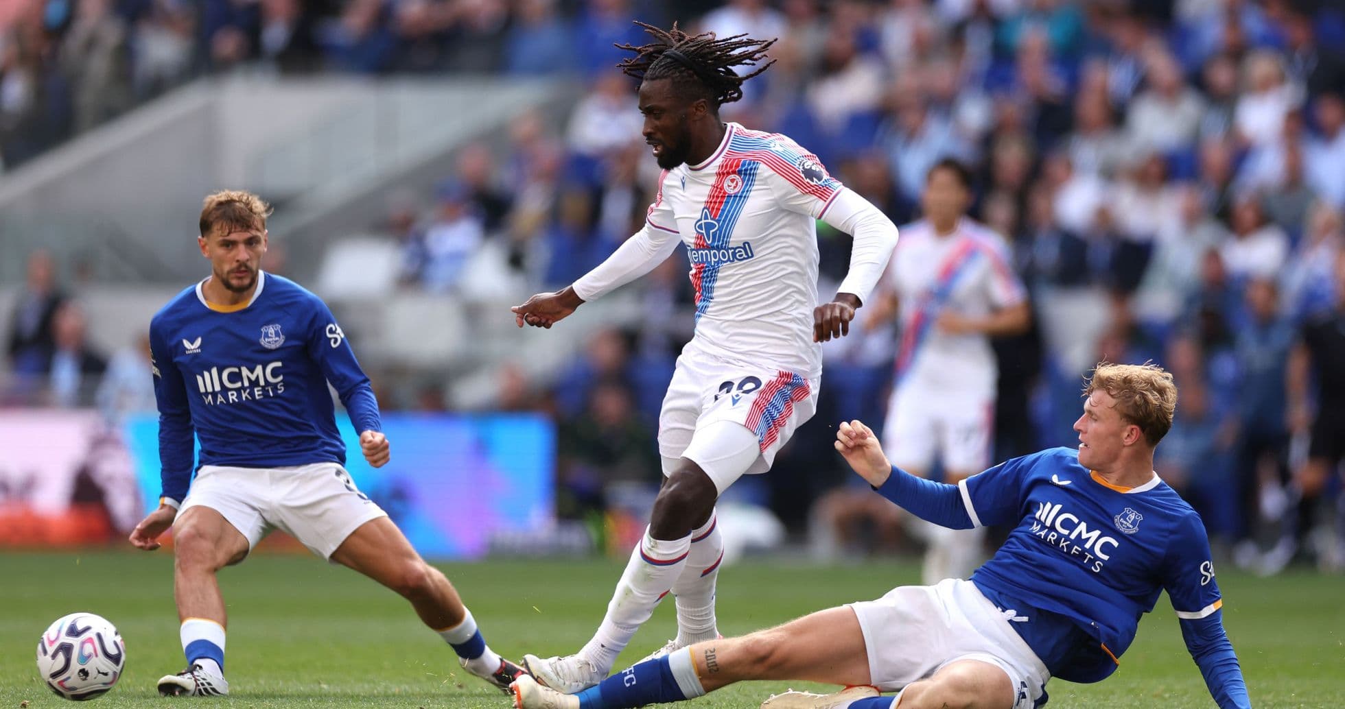 Player dribbling past opponents during football match Player dribbling past opponents during football match