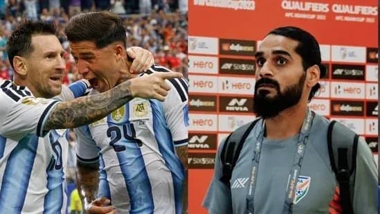 Two Argentine players celebrating a goal; player at press conference Two Argentine players celebrating a goal; player at press conference