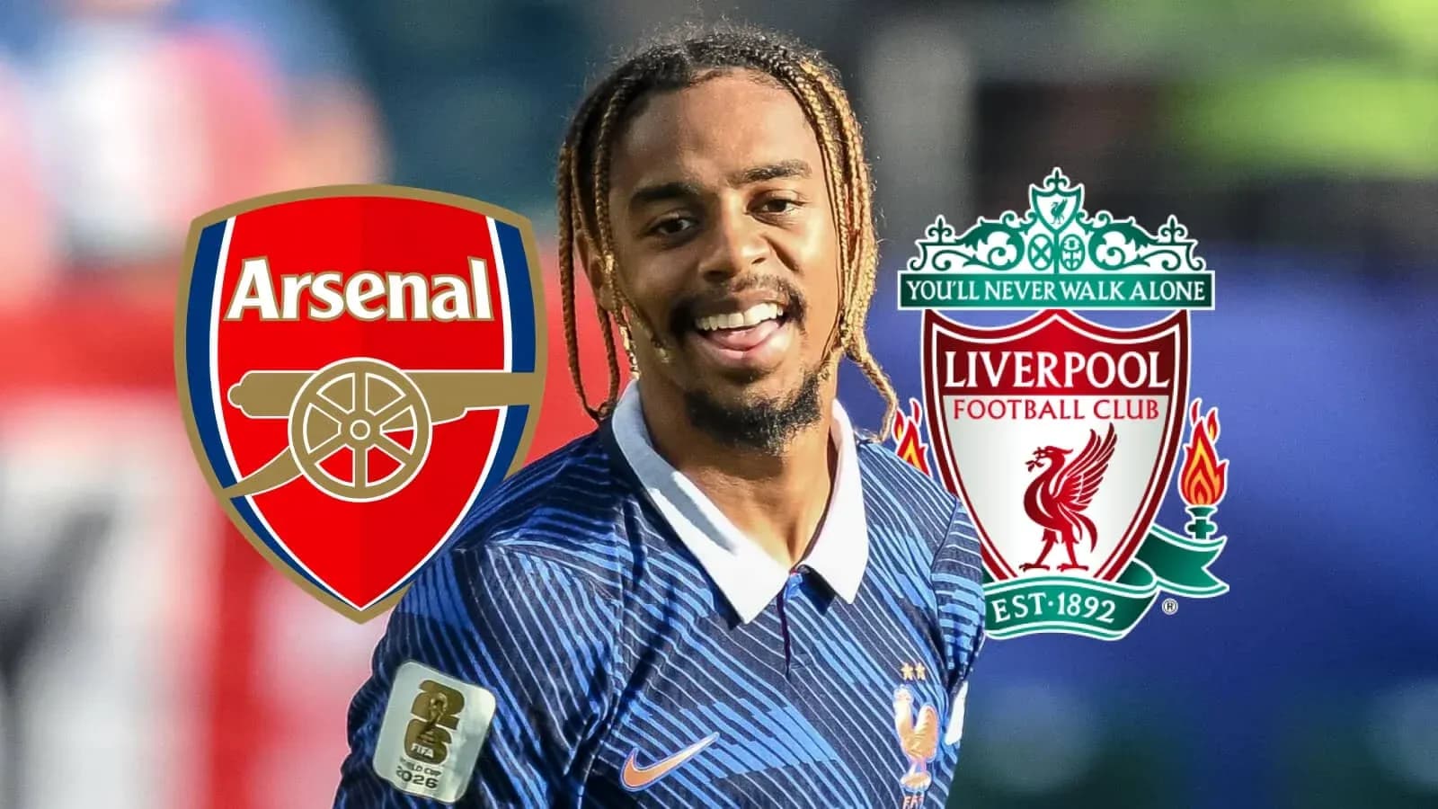 Player smiling with Arsenal and Liverpool logos Player smiling with Arsenal and Liverpool logos
