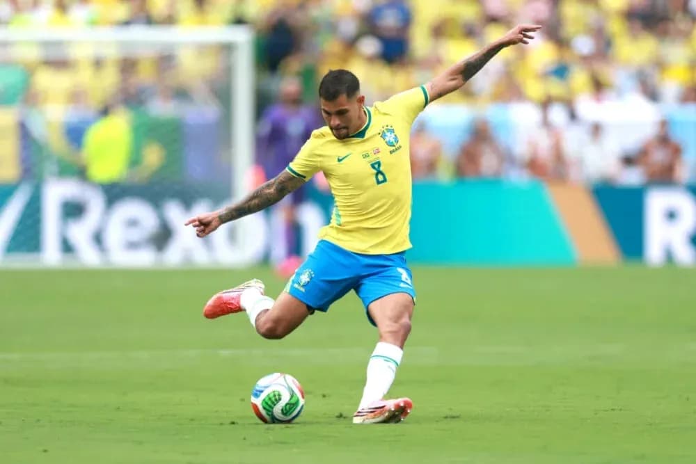 Brazilian player taking a shot on goal Brazilian player taking a shot on goal