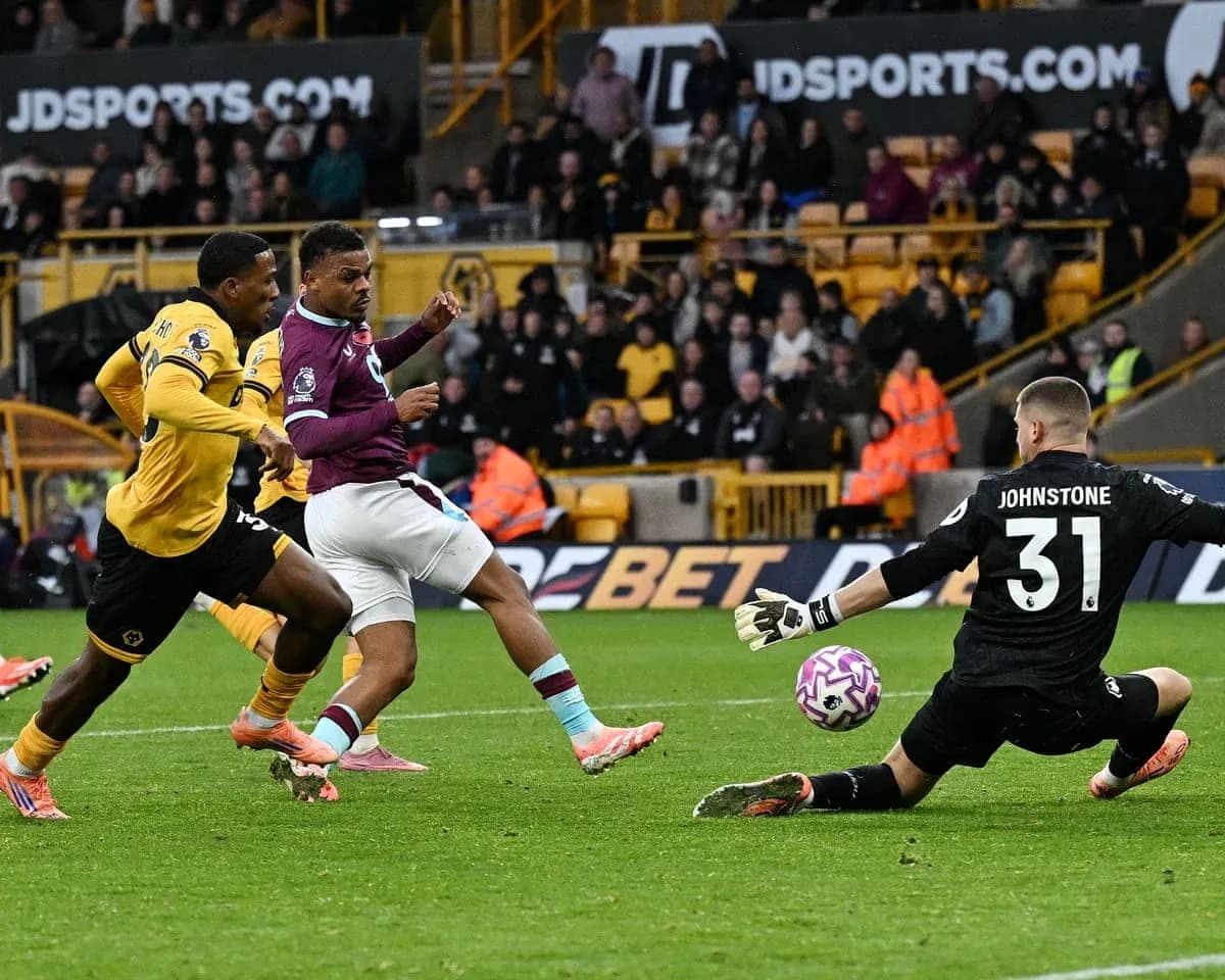 Player shooting at goal during Burnley vs Wolves match Player shooting at goal during Burnley vs Wolves match