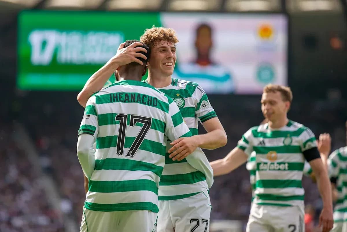 Celtic players celebrating a goal together on pitch Celtic players celebrating a goal together on pitch
