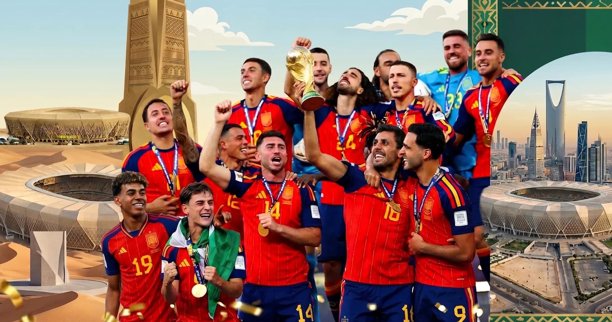 Spain team celebrating with World Cup trophy Spain team celebrating with World Cup trophy