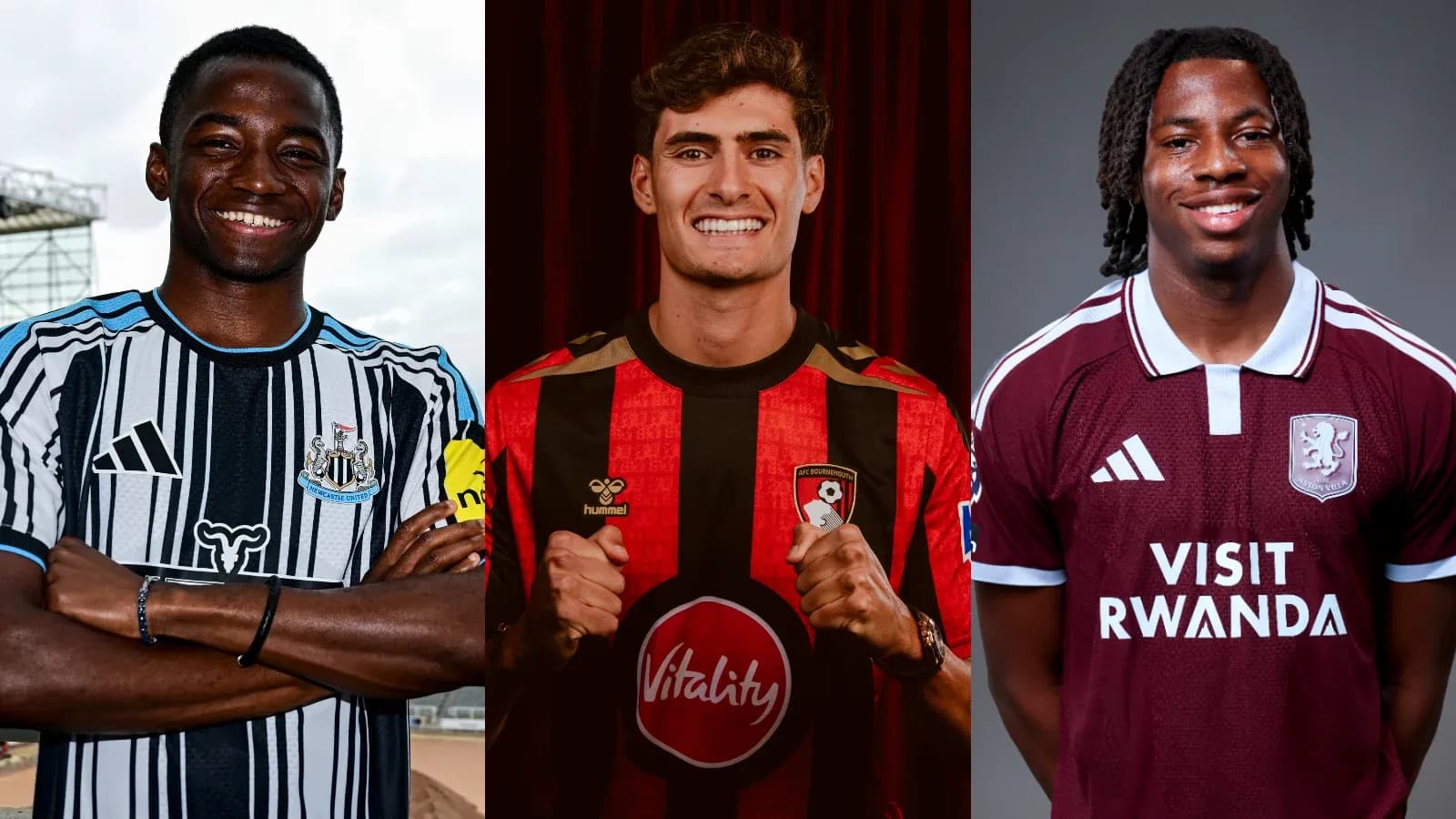 Three football players in team jerseys posing for photo Three football players in team jerseys posing for photo