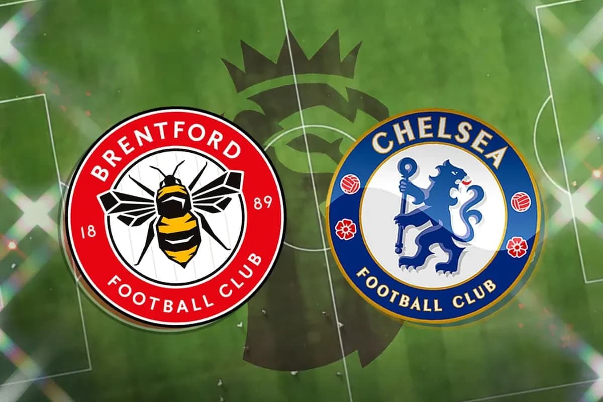 Brentford and Chelsea logos on football pitch Brentford and Chelsea logos on football pitch