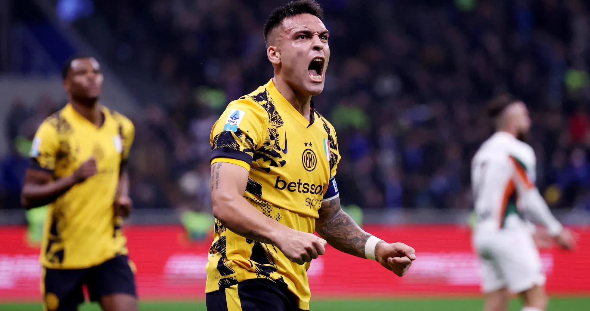 Lautaro Martínez celebrating during Serie A match Lautaro Martínez celebrating during Serie A match