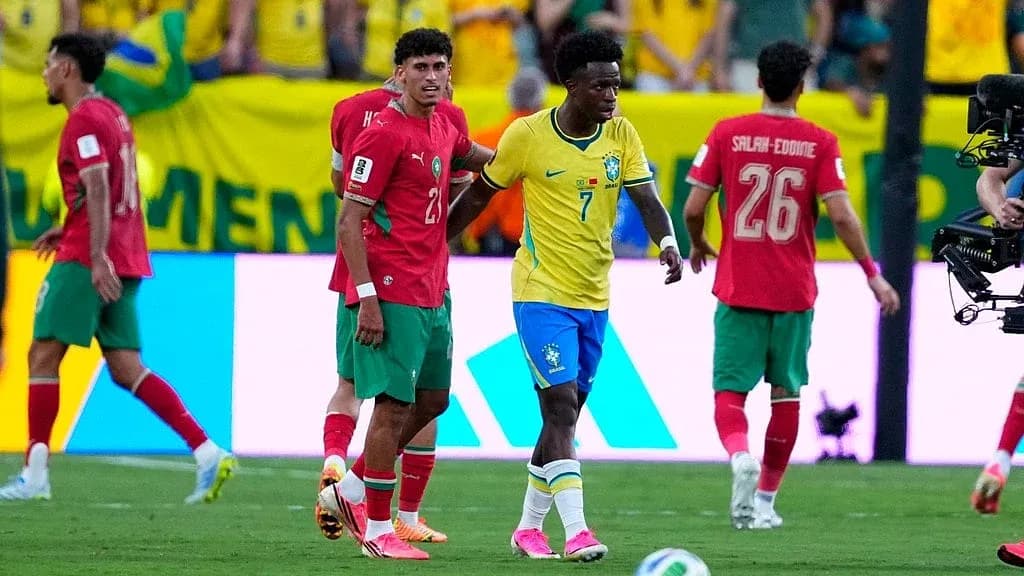Brazil and Morocco players during World Cup match Brazil and Morocco players during World Cup match