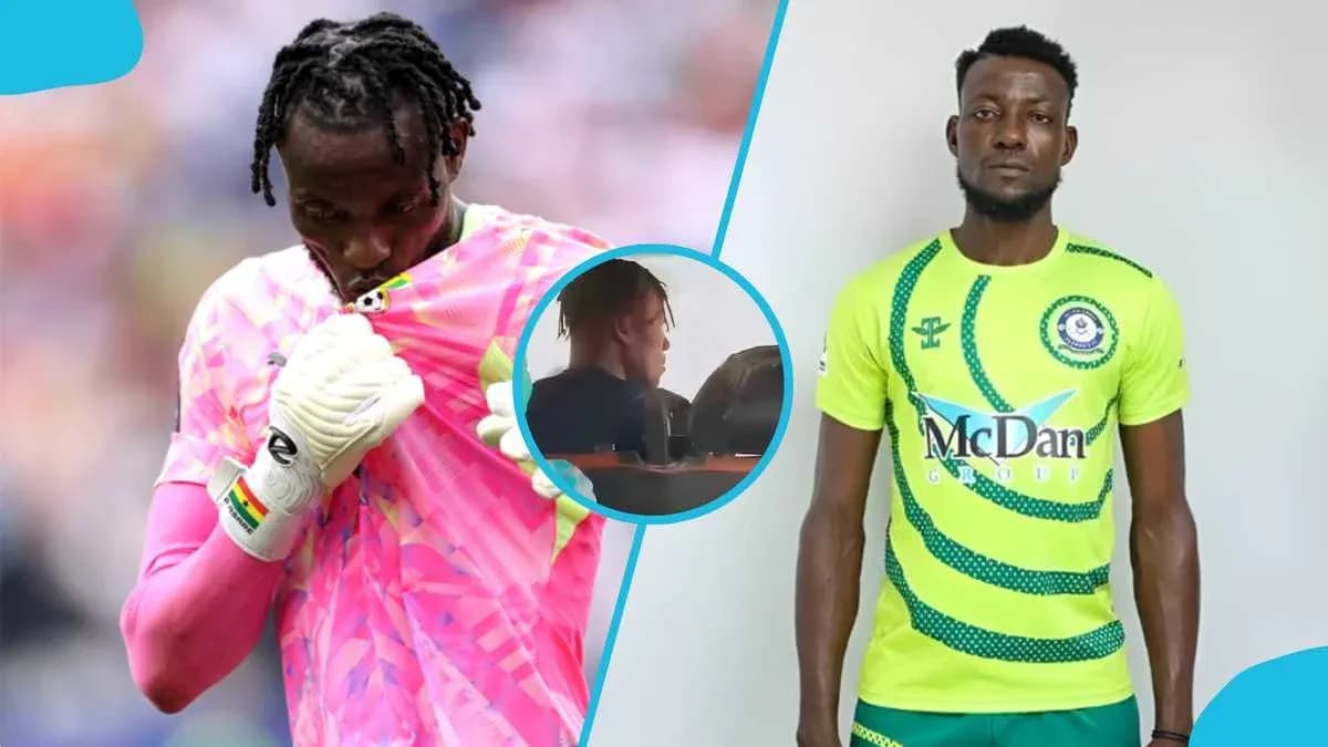 Goalkeeper in pink kit and player in green kit Goalkeeper in pink kit and player in green kit
