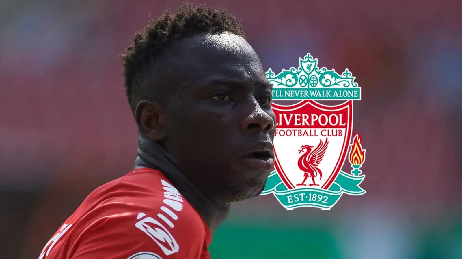 Player in red kit with Liverpool FC logo overlay Player in red kit with Liverpool FC logo overlay