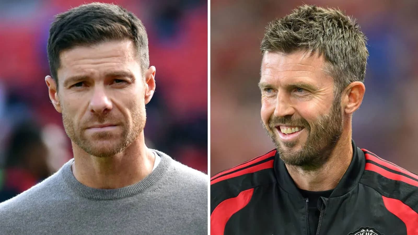 Two football managers posing for photos side by side Two football managers posing for photos side by side